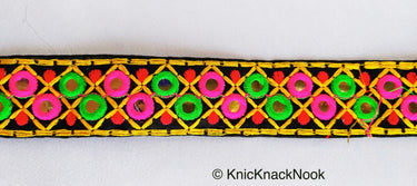 Black Cotton Fabric Mirrored Trim With Embroidery In Fuchsia Pink, Green, Red & Yellow Threads